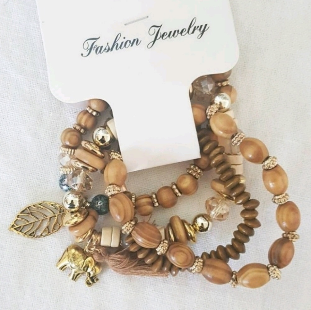 New Wood Boho Bead Charm Multi Strand Bracelet
